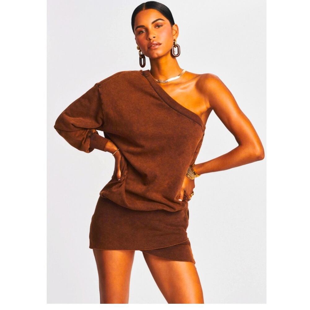 One-Shoulder Brown Midi Dress